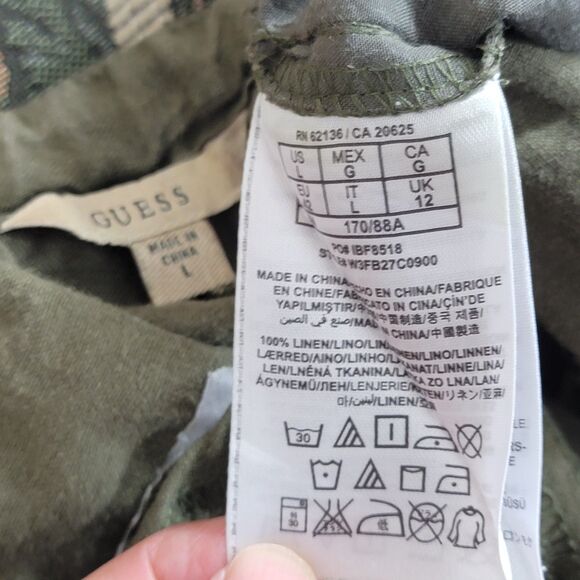 Guess Pants Womens Large Olive Green Mottled 100% Linen Flared Pull On - Picture 11 of 12